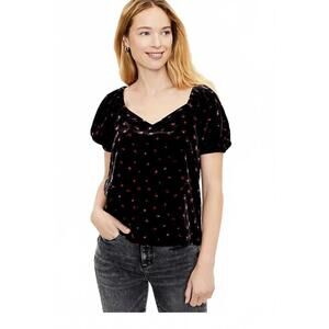 LOFT Women’s Top Large Black Velvet Puff Sleeve Sweetheart Neck Floral